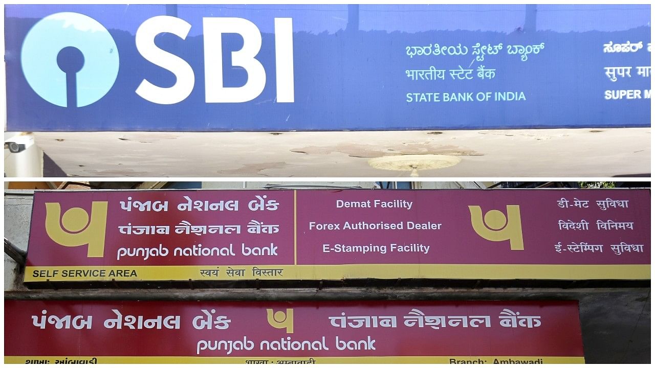 <div class="paragraphs"><p>(Top) A billboard of SBI bank in Benglauru; A man reads a newspaper outside a branch of Punjab National Bank</p></div>